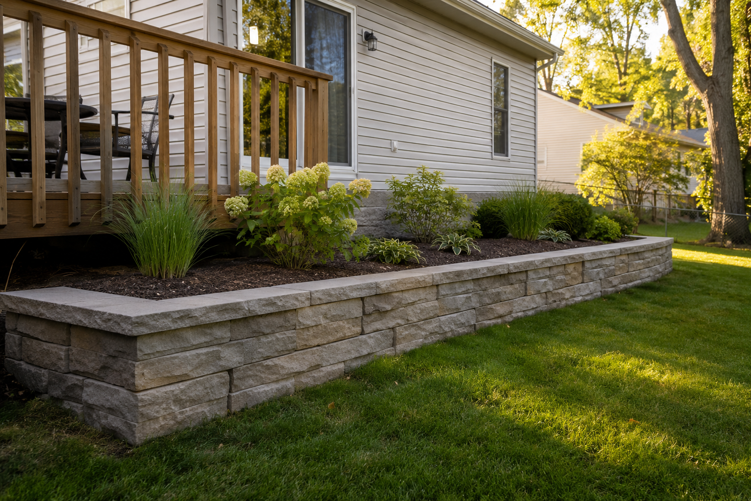 Backyard garden retaining wall beside a house and deck