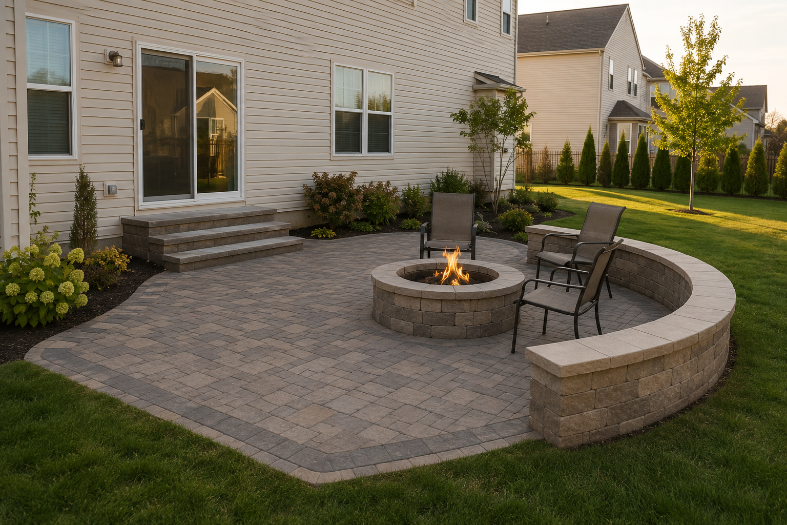 Residential paver patio with a block fire pit and curved seat wall