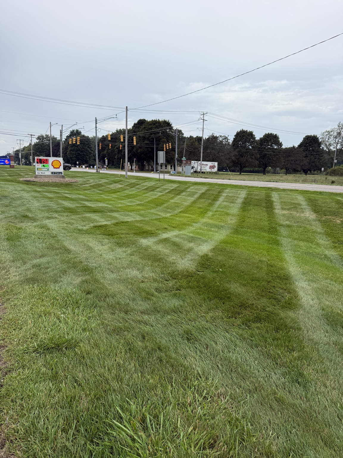 Freshly striped commercial roadside lawn near a business sign